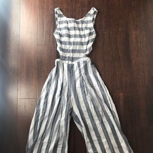 Linen cutout striped jumpsuit with wide leg